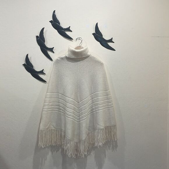 Banana Republic Womens Merino Wool Turtleneck Fringe Poncho Sweater Cream - M/L - Picture 11 of 14